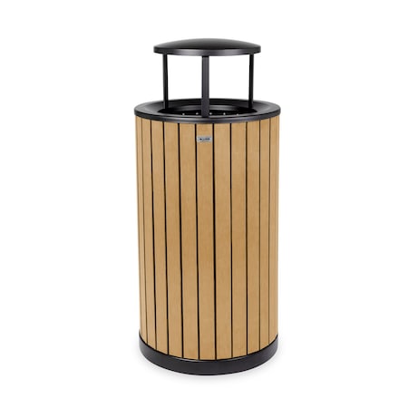 Alpine Industries 32 Gallon Cedar All-Weather Slatted Wood Style Panel Steel Commercial Outdoor Trash Can Receptacle ALP4400-01-CD-RB